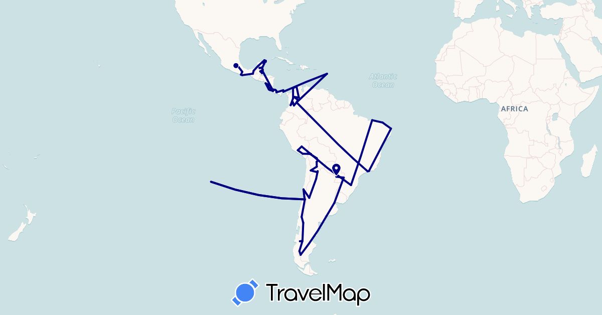 TravelMap itinerary: driving in Argentina, Bolivia, Brazil, Belize, Chile, Colombia, Costa Rica, France, Mexico, Nicaragua, Panama, Peru, Paraguay (Europe, North America, South America)